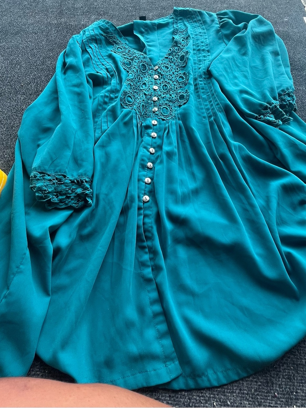 Roaman's Teal Embroidered Button-Front Blouse